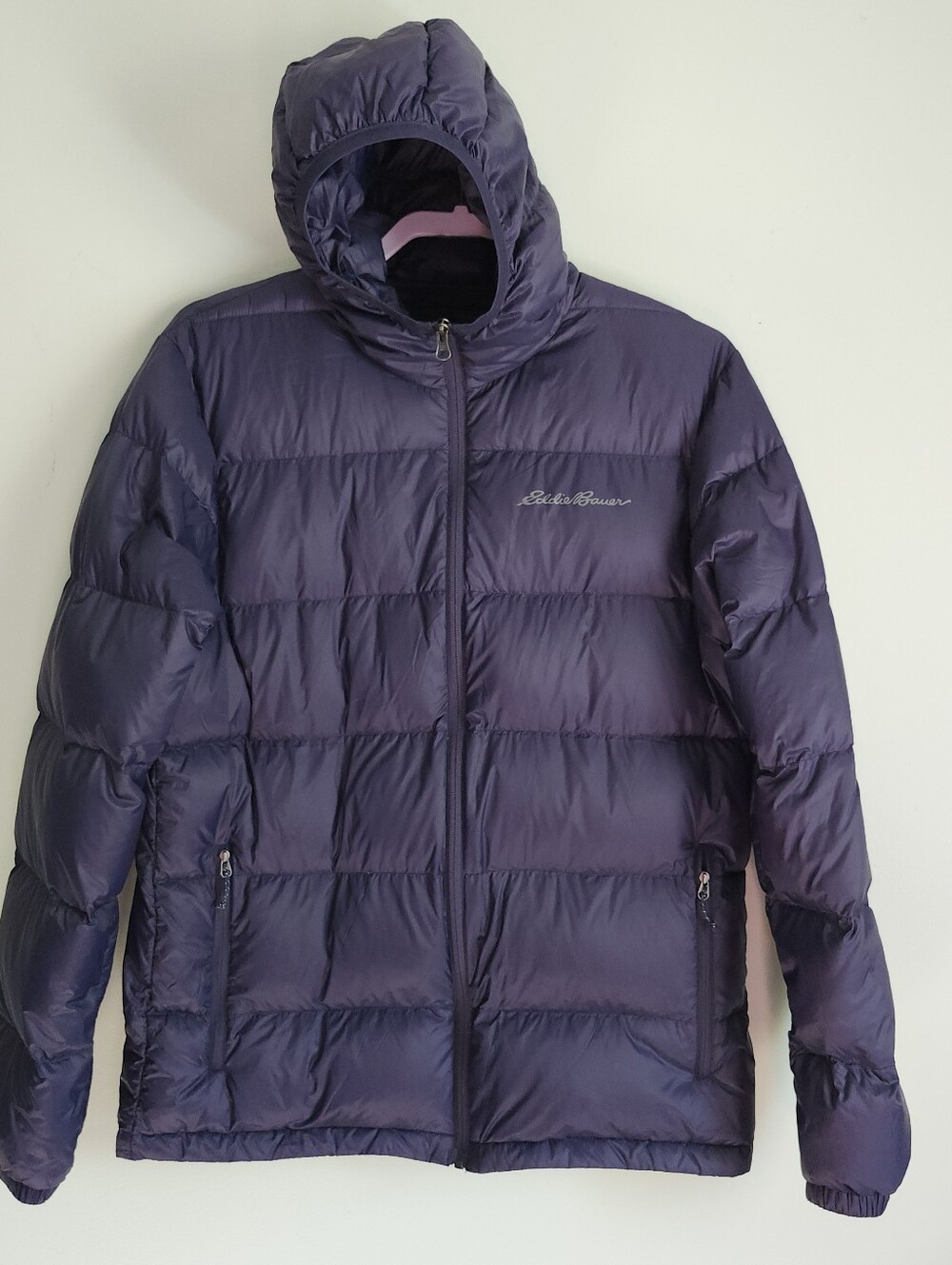 Eddie Bauer Wide Channel NAVY Hooded Down Zip Puffer Jacket EB650 Men Sz MED EUC